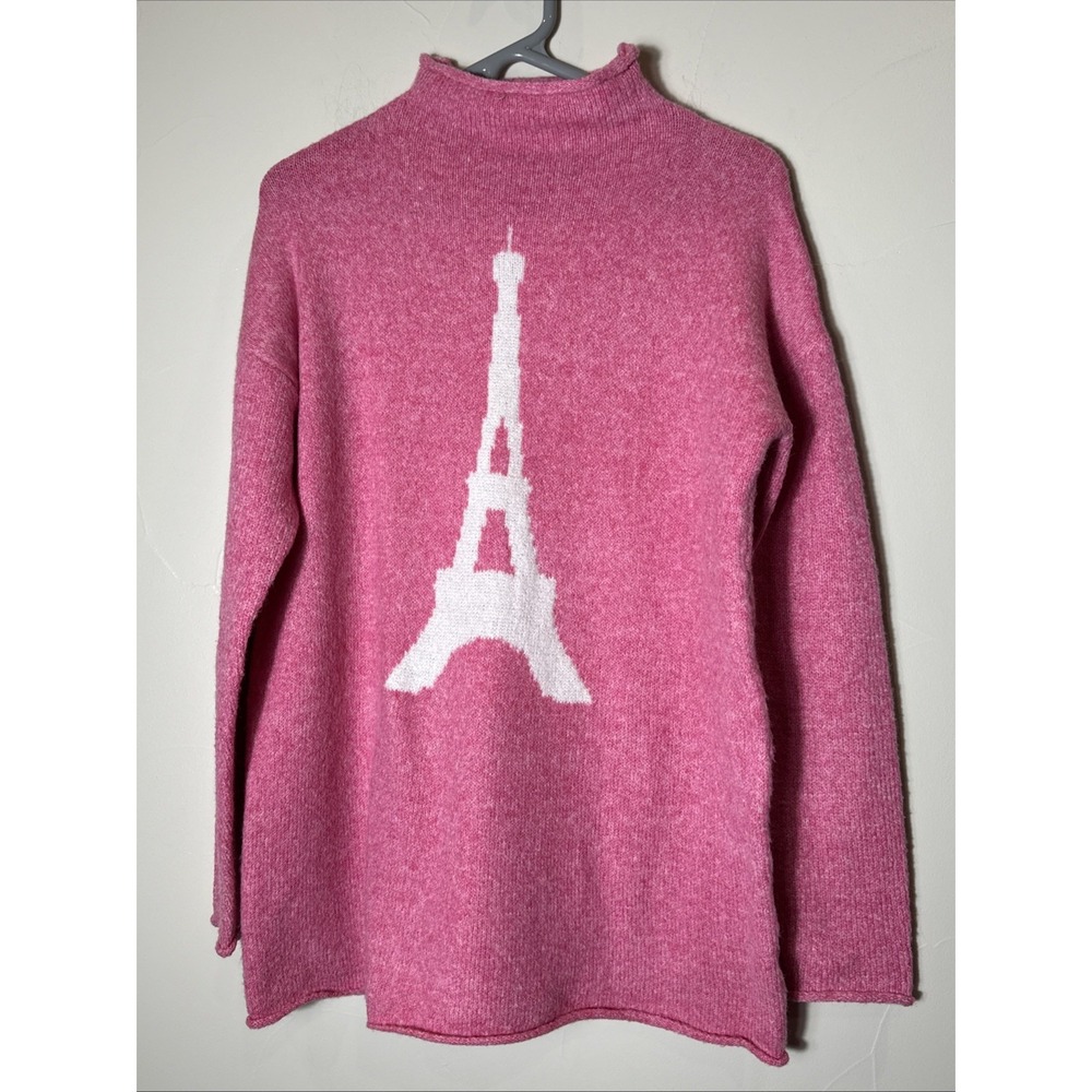 Cupcakes & Cashmere Pink‎ Mock Neck Eiffel Tower Knit Sweater Sm Emily In Paris
